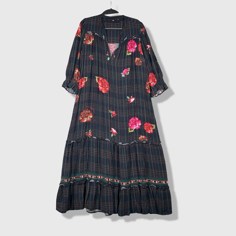 Emily Lovelock Tiered Maxi Dress Womens M Black Floral Plaid Boho Cottagecore